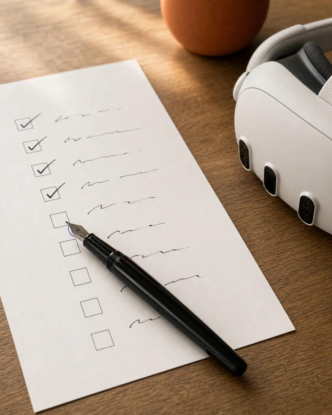 Hoja de checklist sobre escritorio con casillas marcadas y pluma en marcha junto al casco VR
