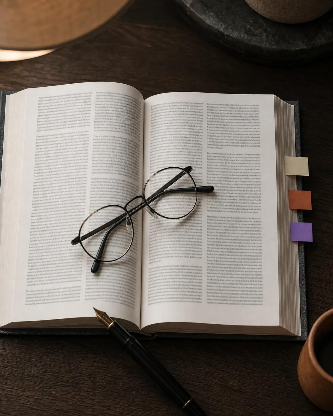 Manual clínico abierto con gafas de lectura y pestañas de colores: criterios DSM-5-TR y base de evidencia