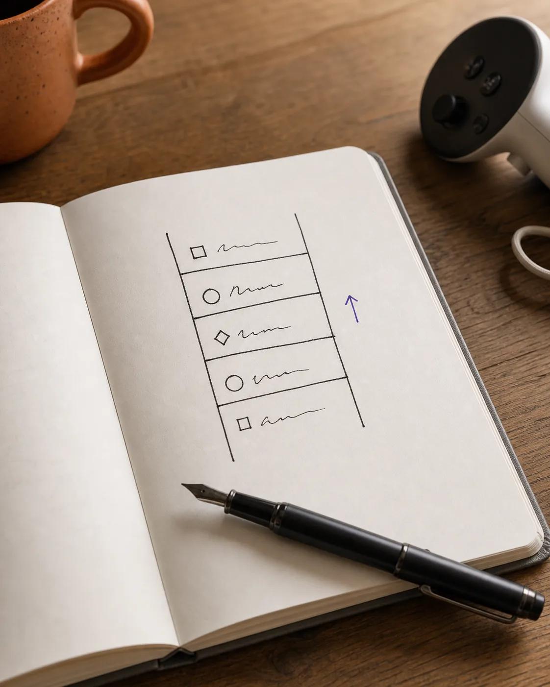 Boceto a mano de una escala de exposición de cinco niveles en un cuaderno clínico junto a un mando VR