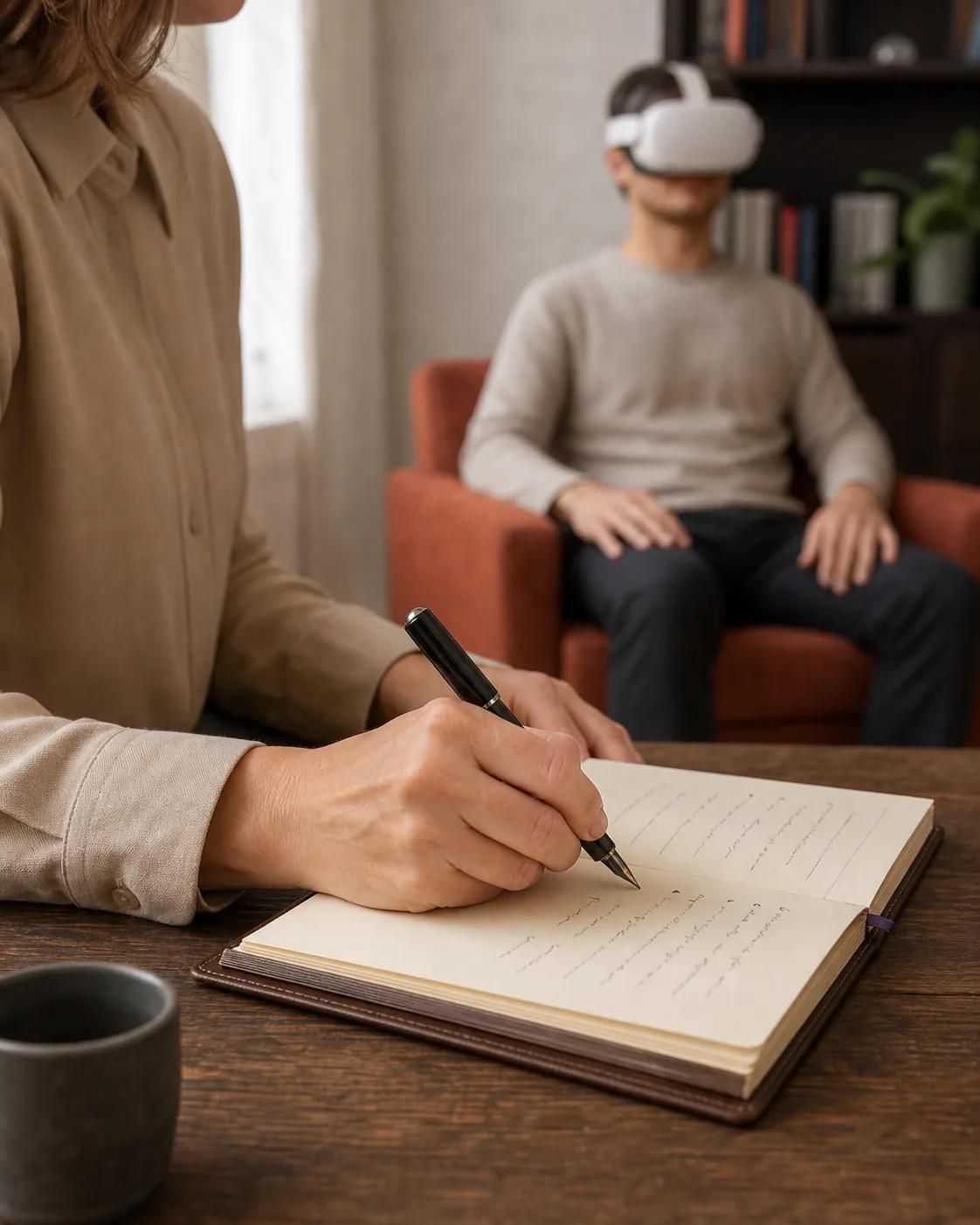 Psicóloga tomando notas en agenda clínica durante una sesión de exposición VR con un paciente con casco Meta Quest