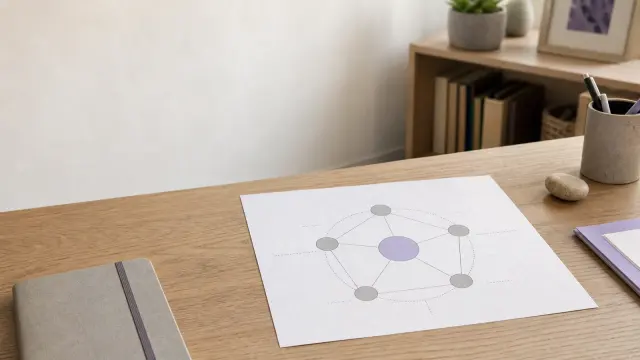 Cinco cascos VR alineados sobre escritorio de roble con etiquetas de color; el central (violeta) circulado a mano: comparativa de alternativas a Psious y Amelia.