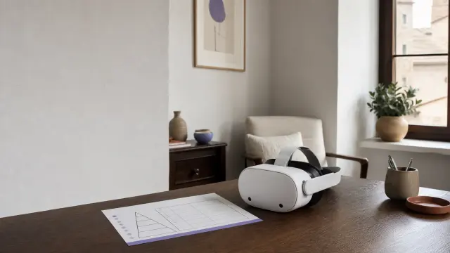 Tablet con perro pequeno y tranquilo en escena VR y hoja con jerarquia de cinofobia en cinco pasos numerados marcada a mano: protocolo de exposicion VR aplicado paso a paso.