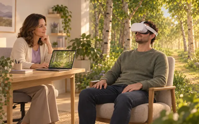 Representación de una sesión: terapeuta acompaña desde su portátil a un paciente sentado con visor; el bosque virtual aparece en el lado del paciente.