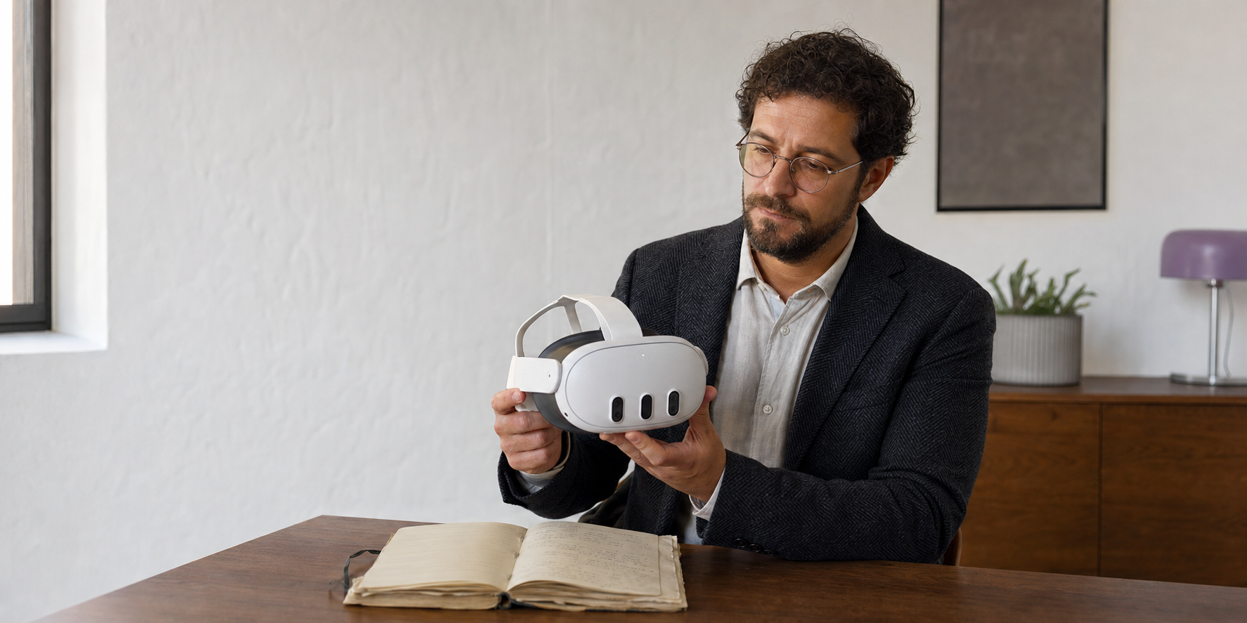 Psicólogo de media carrera sosteniendo un visor de realidad virtual como herramienta clínica en su consulta.