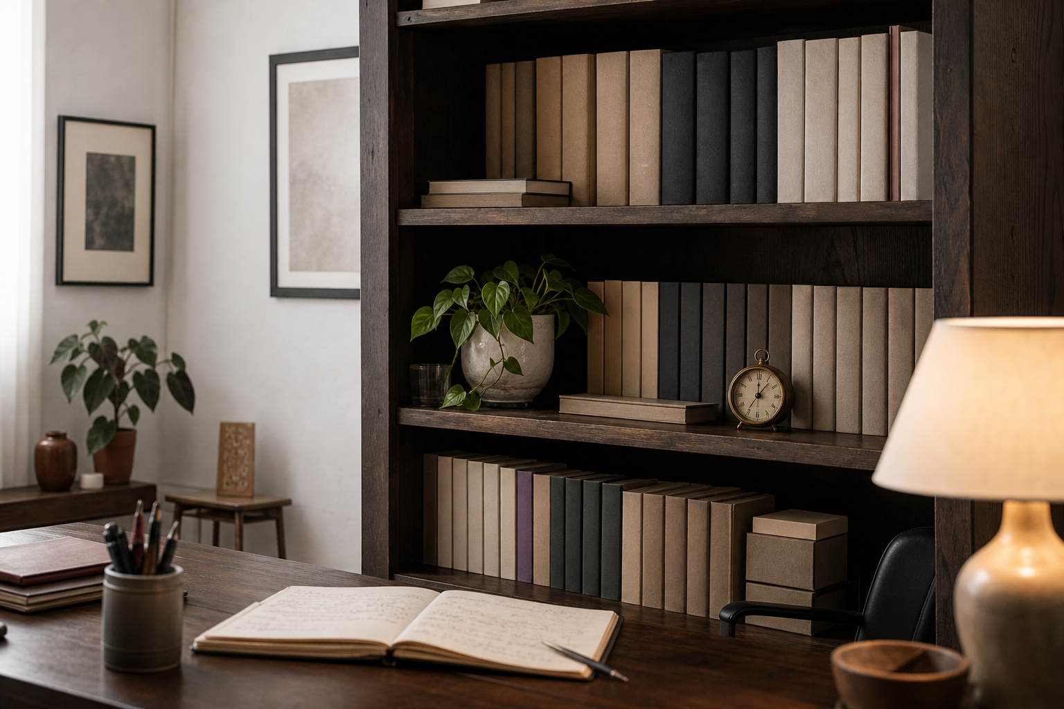 Estantería de consulta de psicología con manuales encuadernados en tonos neutros, una planta y un pequeño reloj analógico, con luz lateral suave
