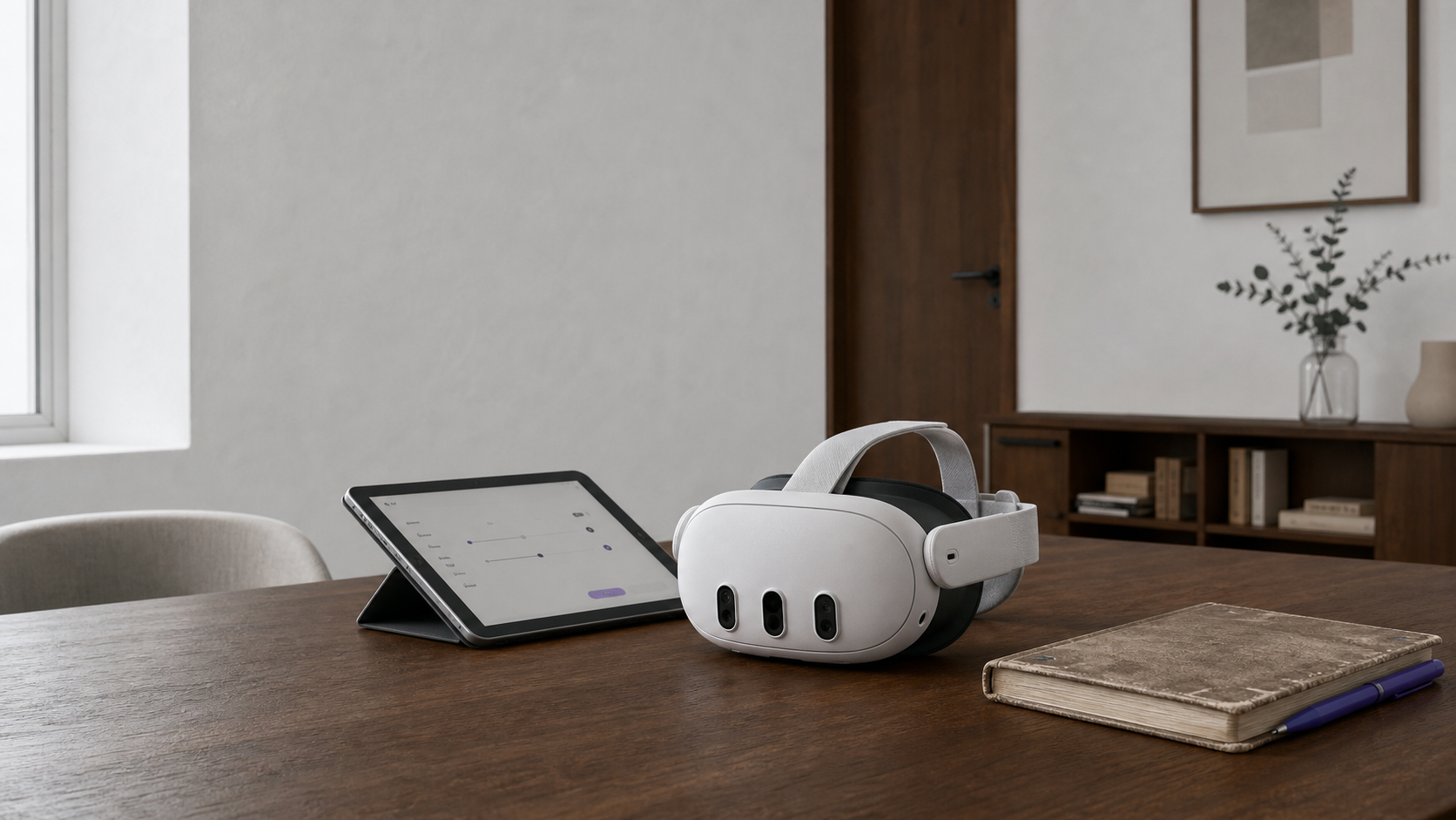 Visor de realidad virtual autónomo junto a una tableta con panel de control sobre la mesa de una consulta.