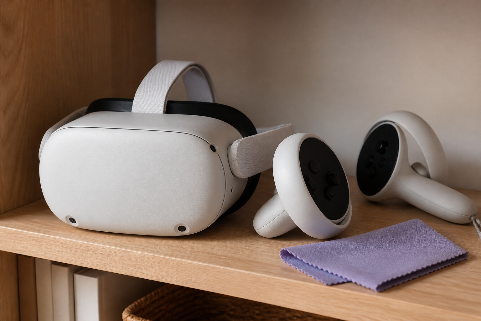 Detalle de un visor de realidad virtual autónomo y sus mandos en una estantería, junto a un paño de limpieza.