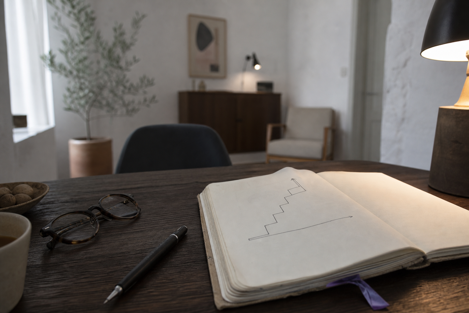Cuaderno clínico abierto sobre escritorio de madera oscura con un esquema a mano de una escala de aproximación por peldaños, junto a unas gafas y un bolígrafo