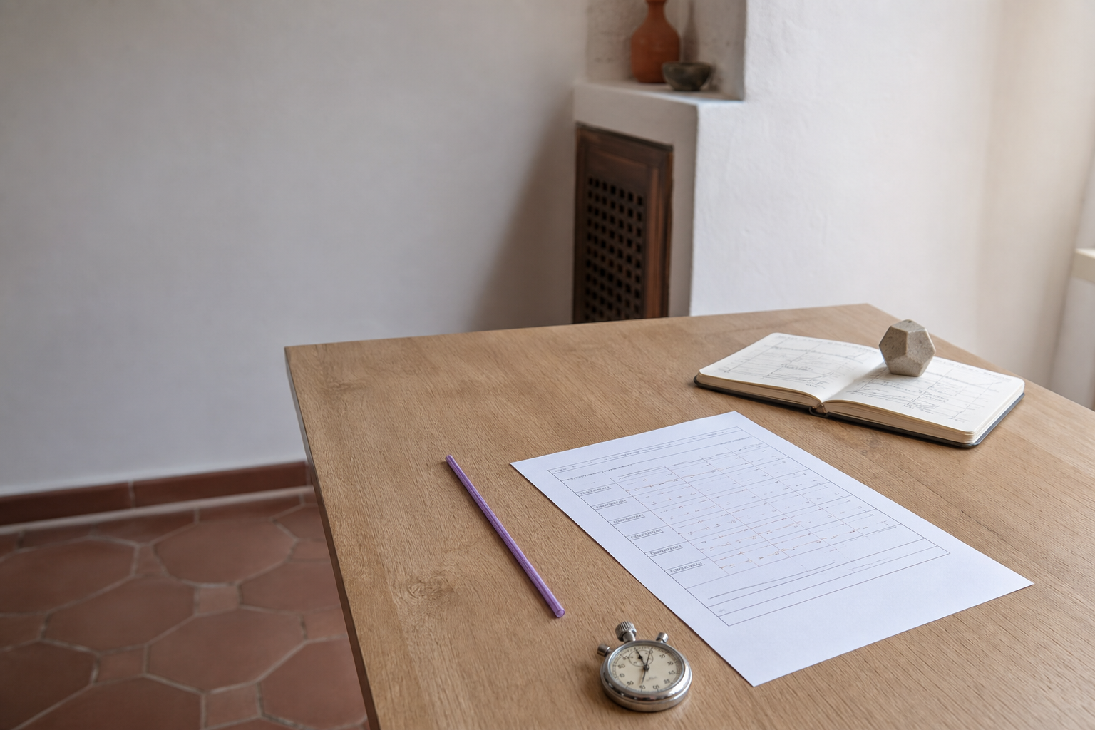 Mesa de consulta de madera clara con una pajita, un cronómetro y una hoja de registro dispuestos en orden, iluminados por luz natural lateral.