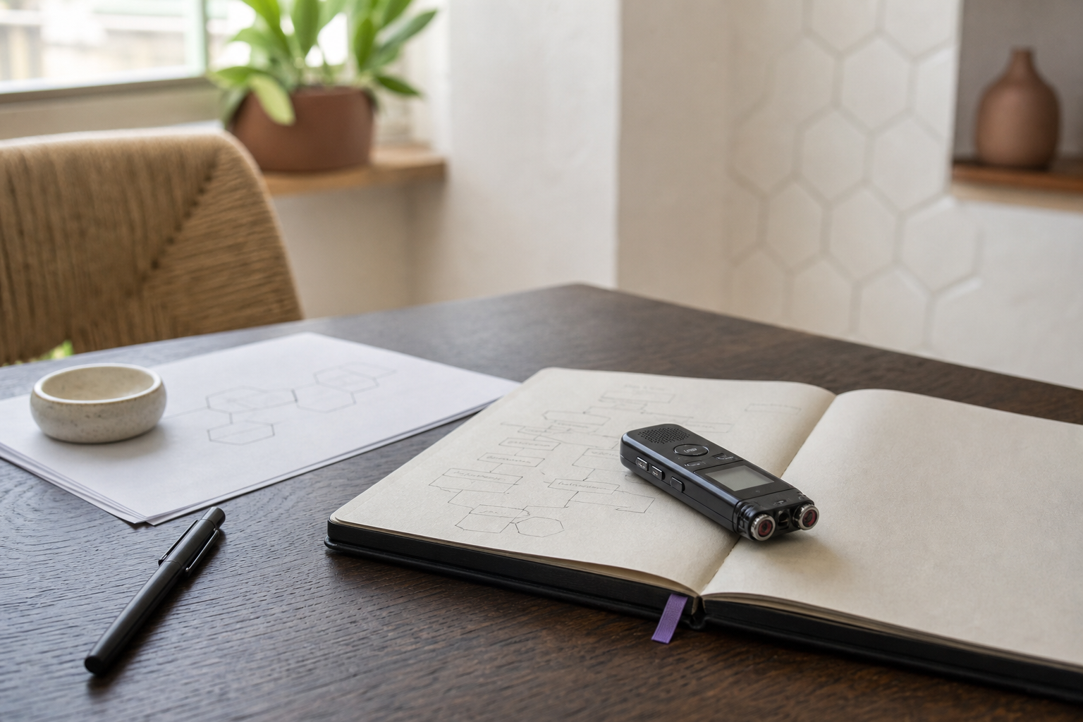 Grabadora de audio digital compacta apoyada sobre una libreta de tapa dura, sobre madera oscura, con luz lateral muy suave