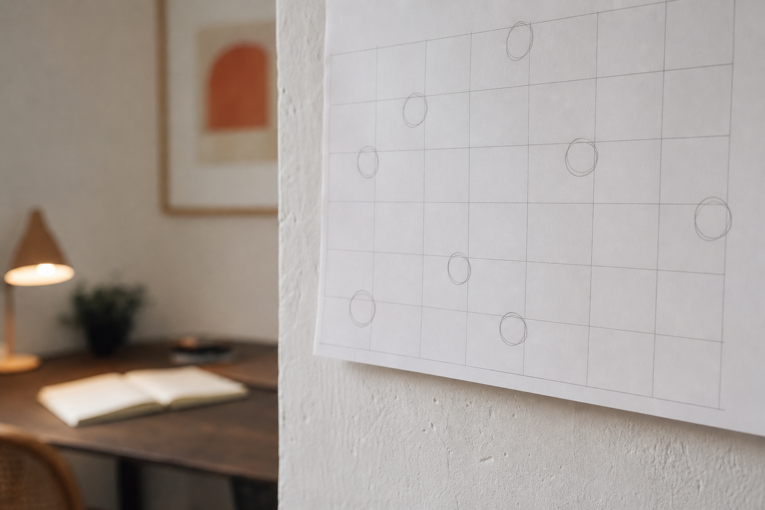 Calendario de pared mensual con varias fechas marcadas a lápiz, colgado sobre una pared encalada, con profundidad de campo corta.