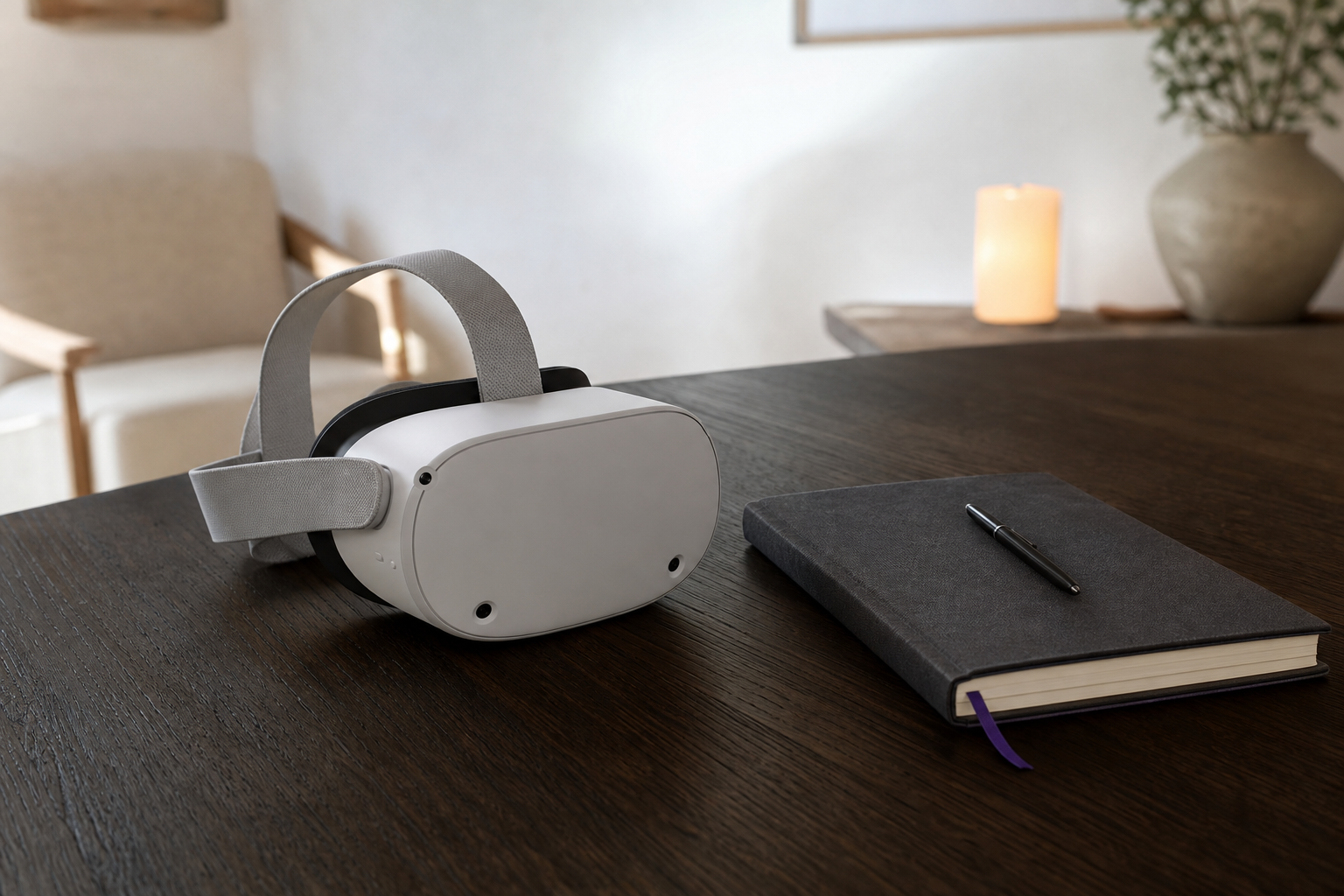 Gafas de realidad virtual de uso clínico apoyadas en diagonal sobre una mesa de madera oscura junto a una libreta cerrada, con luz lateral suave y sin personas.