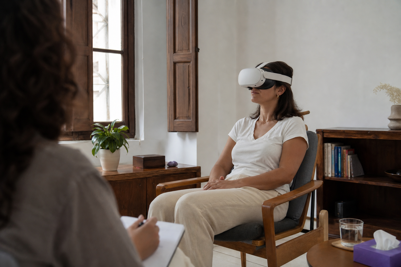 Paciente adulto con visor de realidad virtual sentado con gesto de calma durante una exposición controlada en la consulta.