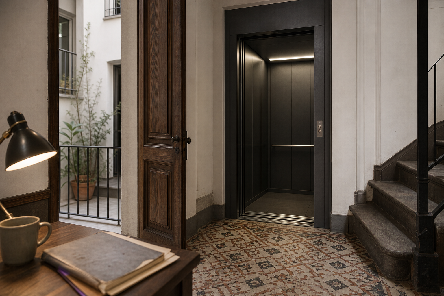 Ascensor abierto en el vestíbulo de un edificio antiguo con suelo de baldosa hidráulica, sin personas dentro y con luz natural procedente de un patio
