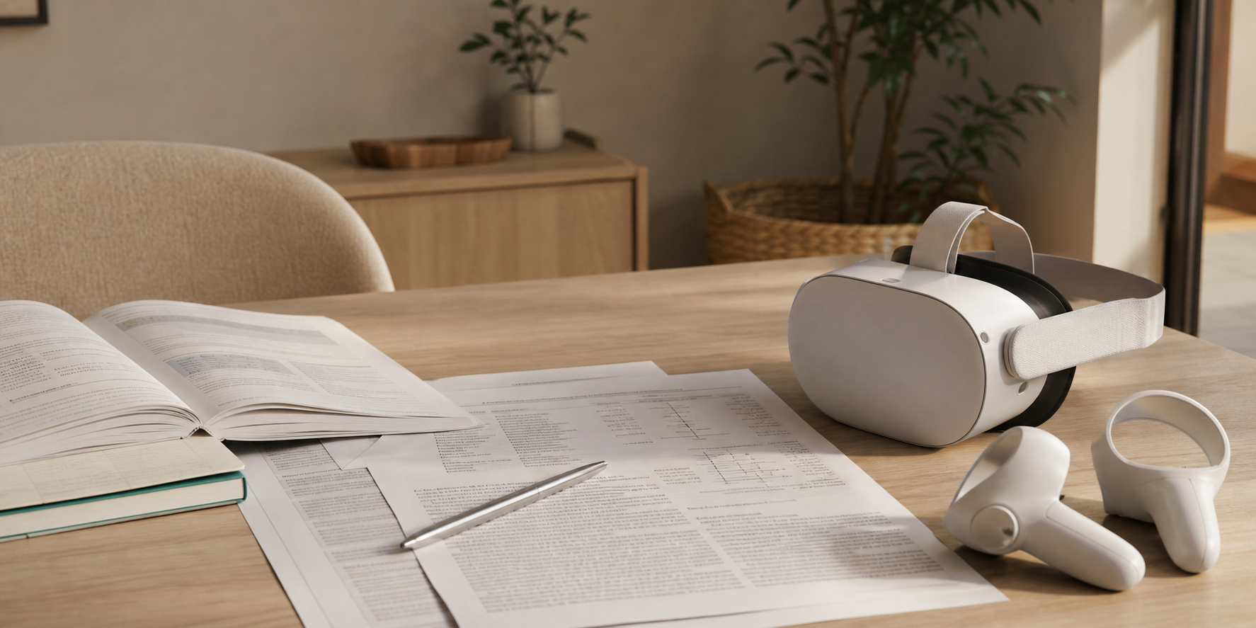 Mesa de consulta con revistas clínicas y páginas de meta-análisis junto a un visor de realidad virtual.