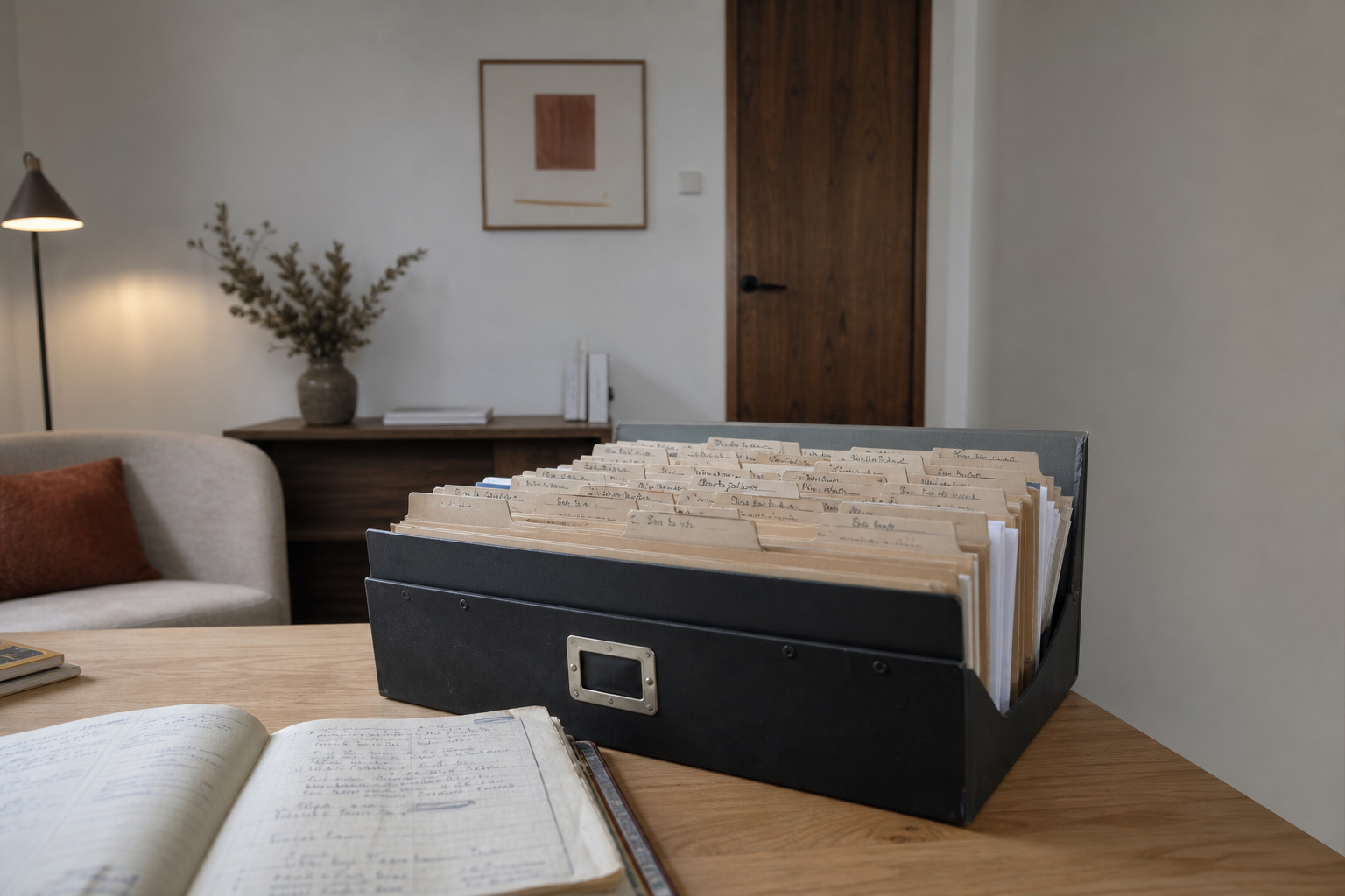 Archivador de consulta abierto con separadores de cartón en tonos neutros y etiquetas manuscritas, sobre una mesa de madera clara con luz natural