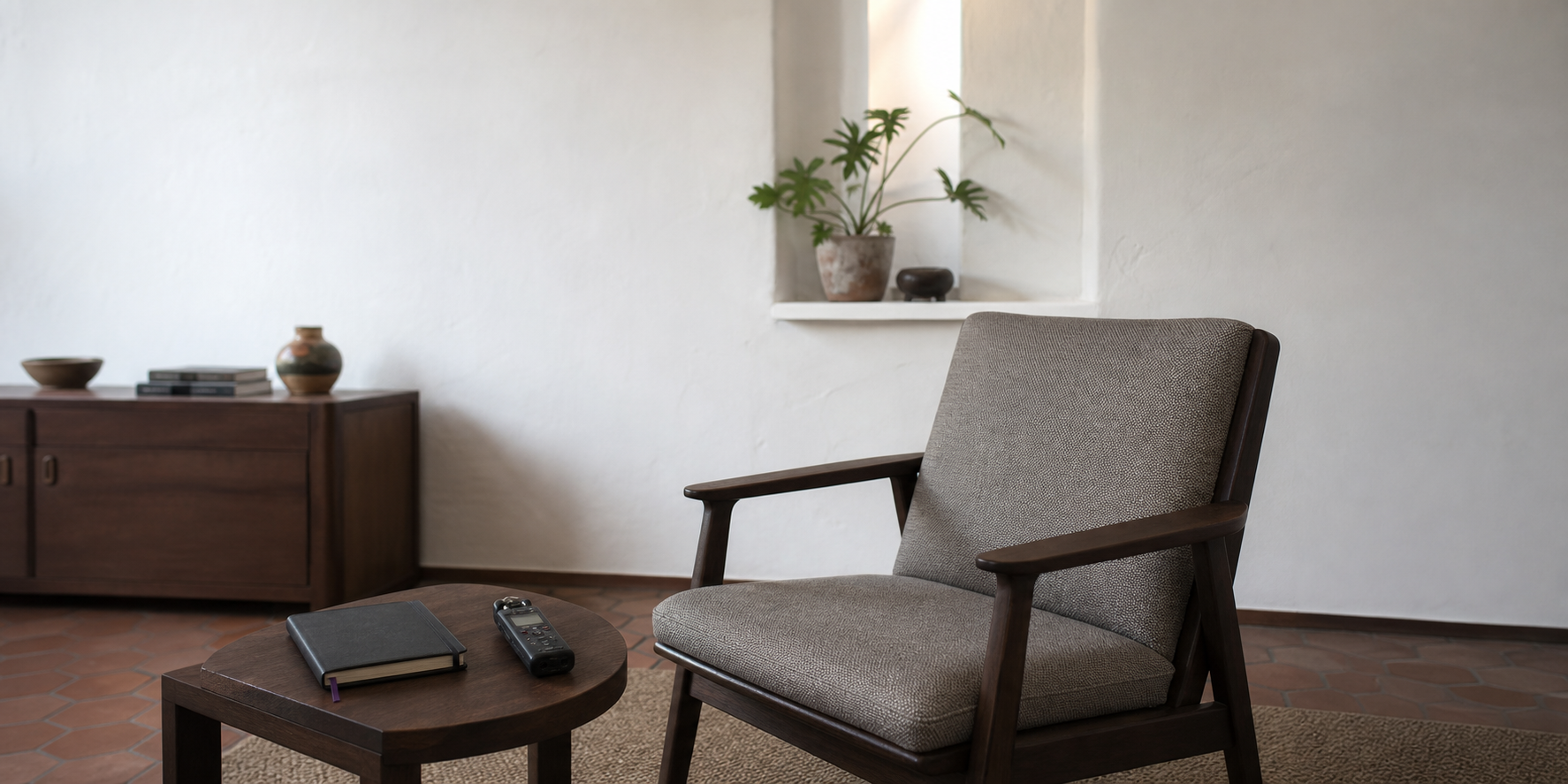 Butaca de consulta vacía junto a una mesa auxiliar con una grabadora de audio pequeña y una libreta cerrada, en una sala encalada con luz tenue de tarde