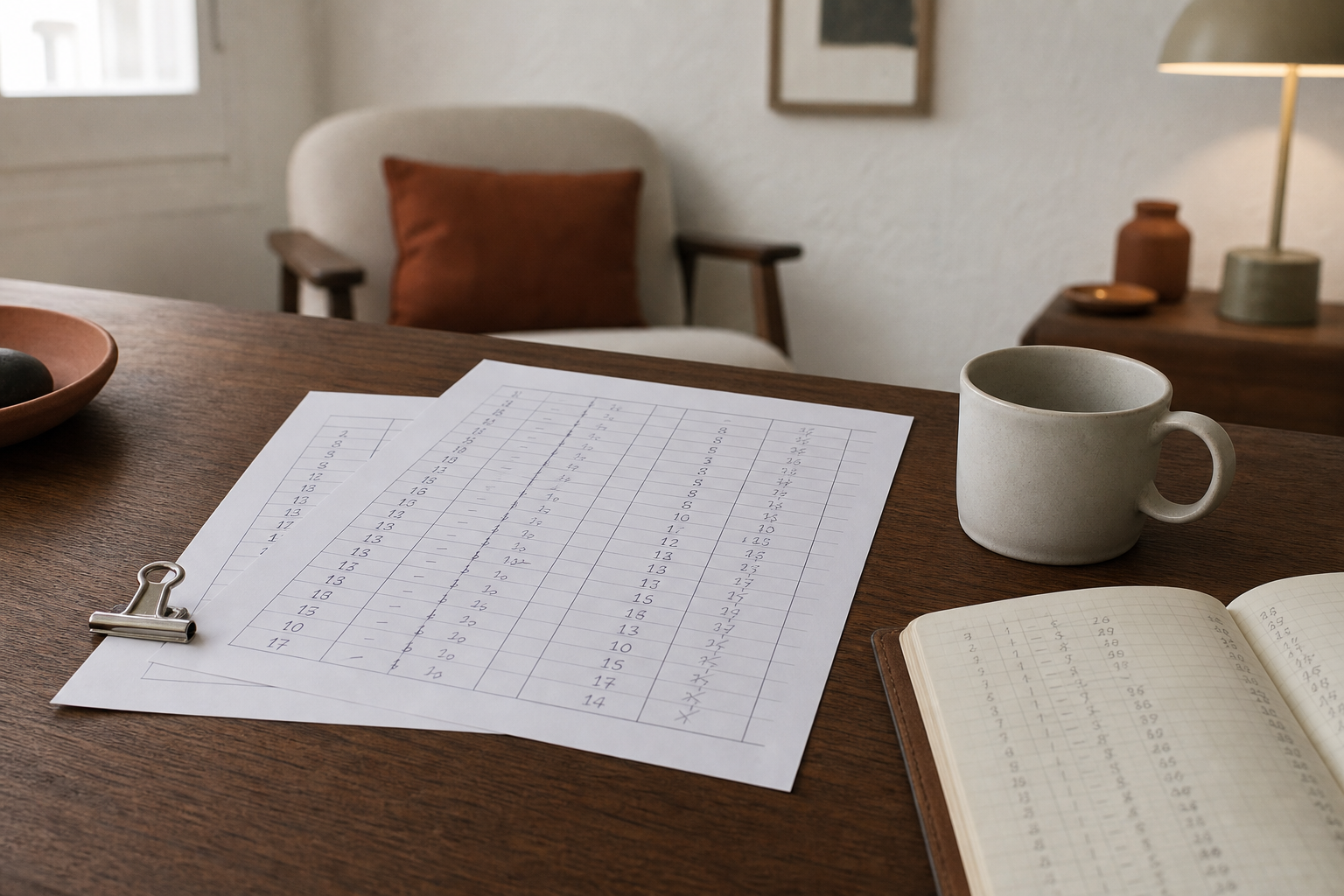 Mesa de despacho con dos hojas impresas superpuestas de registros numéricos anotados a mano, un clip metálico y una taza vacía junto a la ventana.
