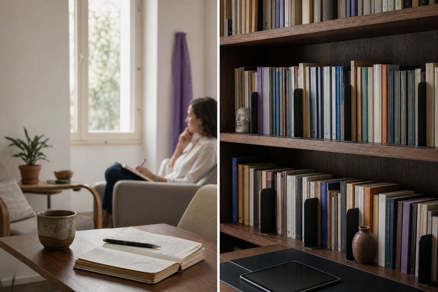 Estantería de despacho clínico con manuales agrupados en bloques separados por sujetalibros metálicos, en tonos neutros y con luz de ventana