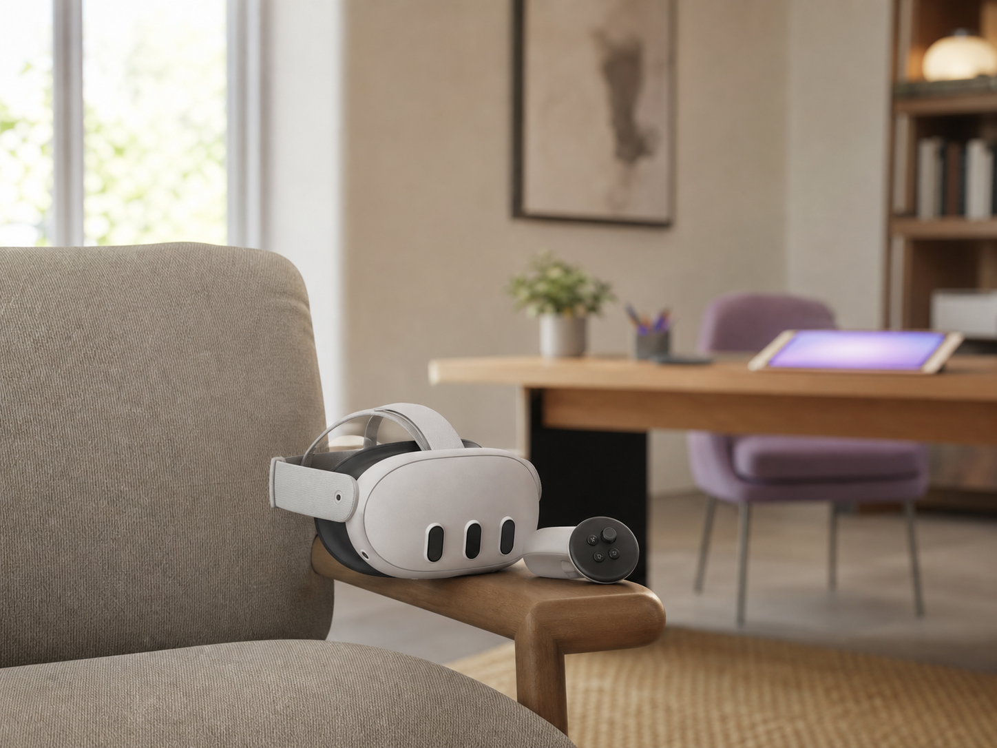Butaca clínica vacía con visor RV Meta Quest sobre el reposabrazos lista para sesión de exposición
