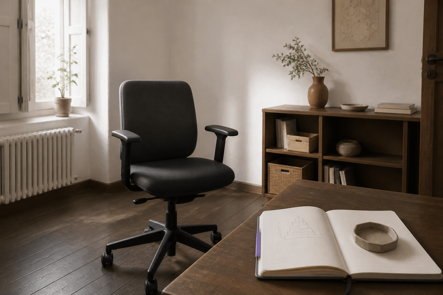 Silla giratoria de despacho vacía en una consulta encalada, vista en ángulo con luz de ventana y suelo de madera.
