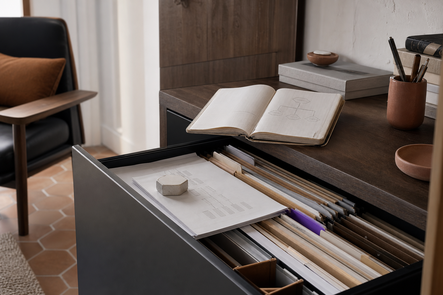 Cajón de archivador abierto con carpetas, hojas de registro y separadores ordenados en tonos neutros bajo luz suave