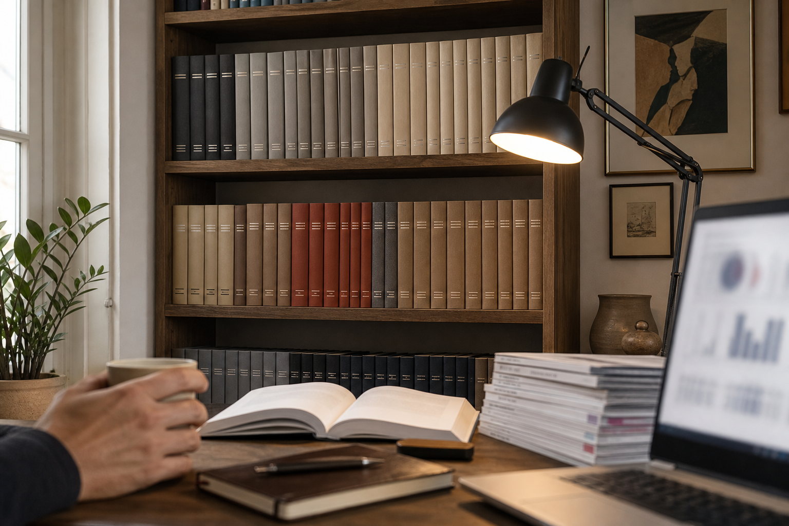 Estantería de despacho con revistas científicas encuadernadas por años en tonos neutros y una lámpara de lectura encendida, en ambiente de biblioteca clínica europea.