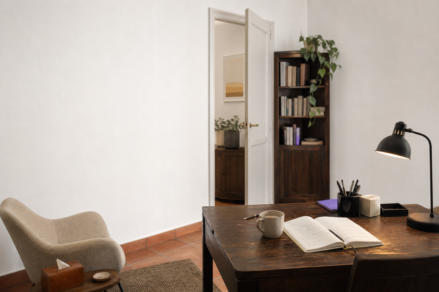 Consulta de psicología vacía y ordenada, con la puerta entreabierta al fondo y luz natural suave