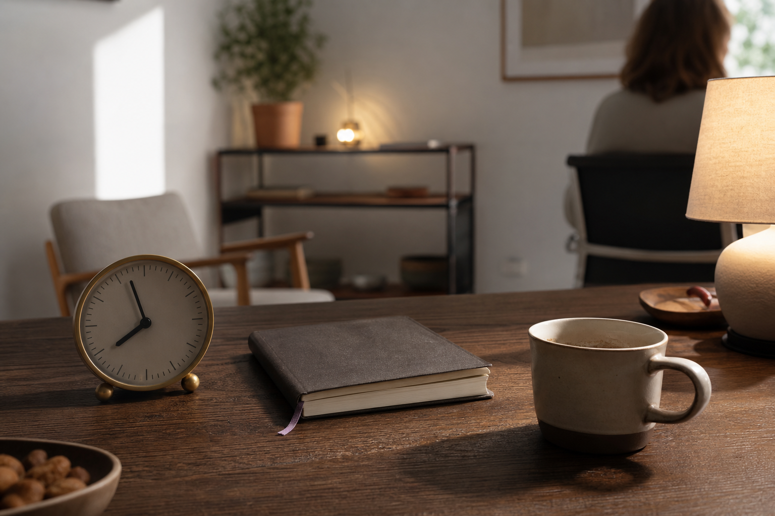 Reloj analógico de sobremesa junto a una libreta cerrada y una taza sobre la mesa de una consulta, con luz cálida de tarde entrando de lado.
