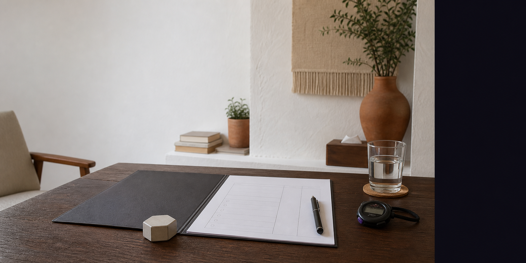 Escritorio de consulta preparado antes de una sesión, con carpeta abierta, hoja de plan, bolígrafo, cronómetro y un vaso de agua alineados bajo luz natural lateral