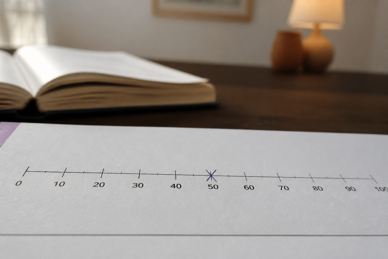 Detalle macro de una escala numérica impresa del 0 al 100 en una hoja de registro clínico, con una marca de bolígrafo señalando un valor intermedio y profundidad de campo mínima