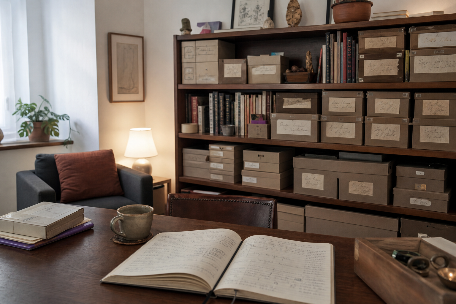 Estante de consulta con material clínico ordenado por categorías en cajas de cartón neutro con etiquetas manuscritas ilegibles.