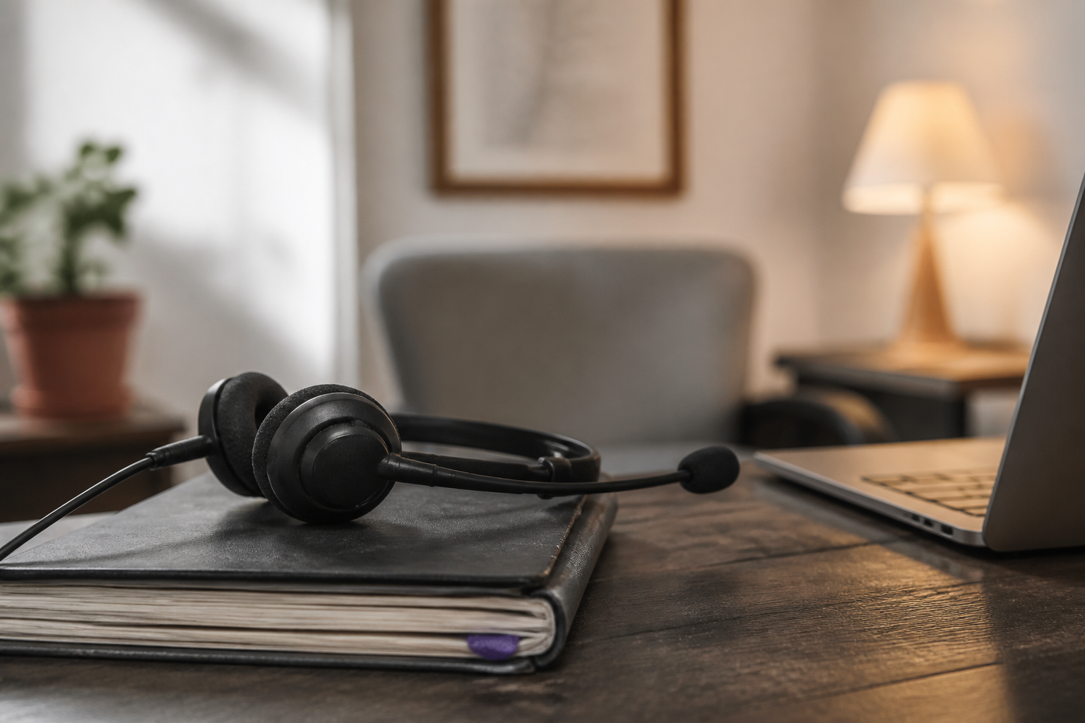 Auriculares con micrófono apoyados sobre una libreta cerrada junto al borde de un ordenador portátil, sobre madera oscura y con luz lateral